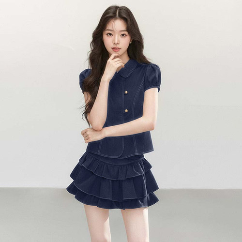两件套2026夏季新款女法式学院风收腰衬衫蛋糕半身裙子套装D7362
