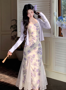两件套2026夏季新款女收腰显瘦碎花吊带连衣裙开衫气质套装D6306