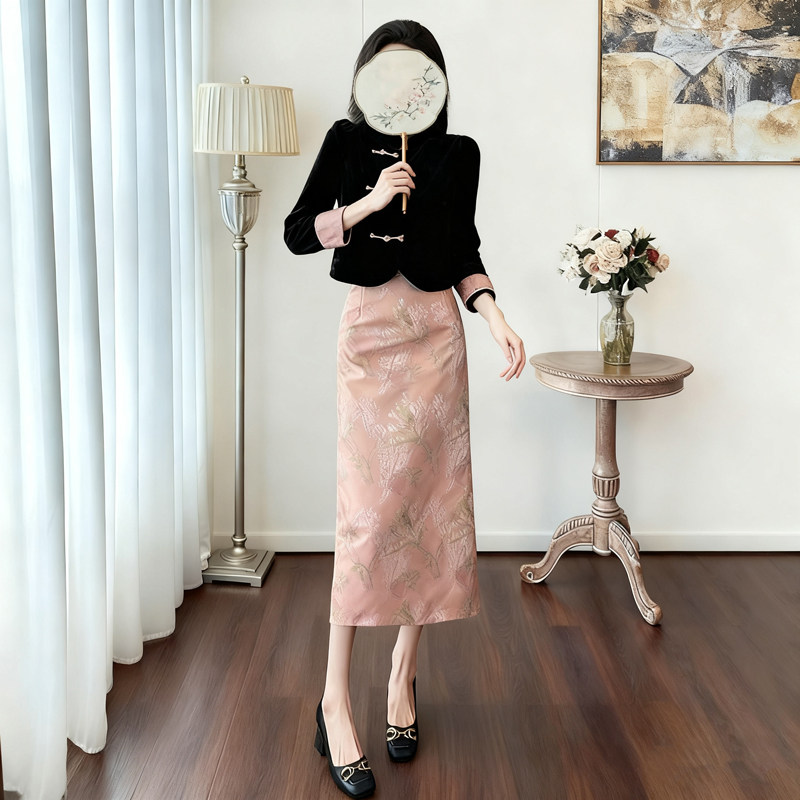 【两件套】2025秋季新款女新中式国风上衣+开叉半身裙套装QJ0075