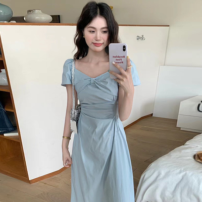 高端精致法式露肩连衣裙2026新款女夏季气质显瘦短袖长裙子1607