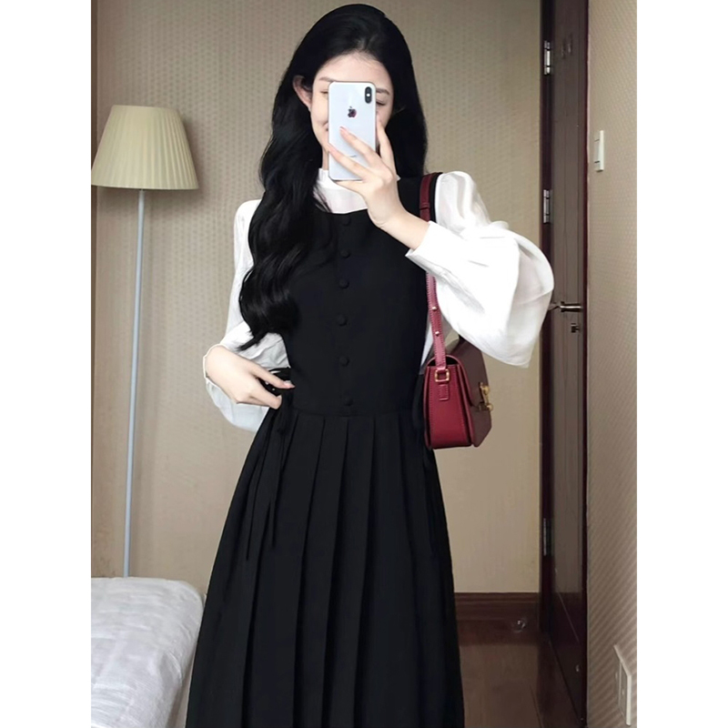 黑色高级感小洋装假两件连衣裙2025新款小香风复古收腰裙子女2065