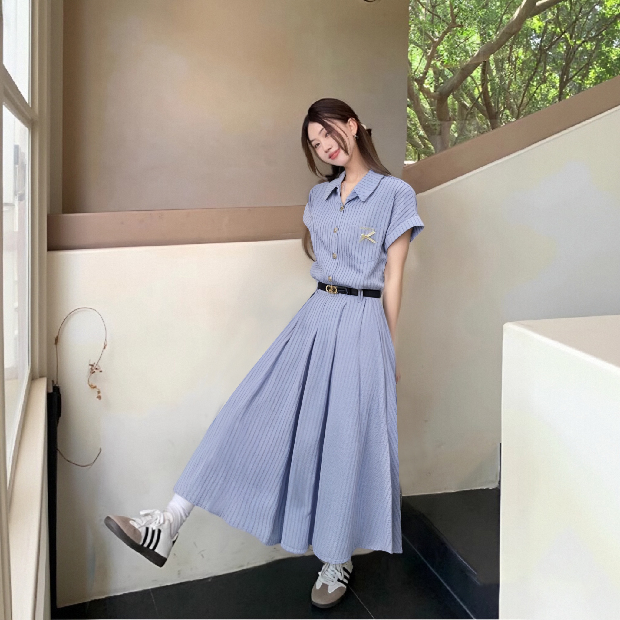 【送腰带】文艺气质蓝色连衣裙女2025新款夏装显瘦裙子D1390A