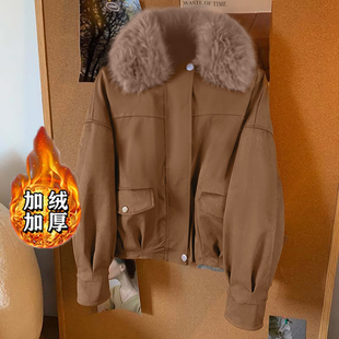 加绒加厚2025冬季新款女装韩版宽松中性风夹克大衣毛领外套D4389