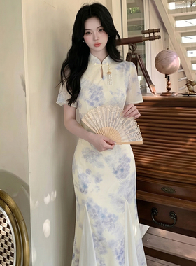 【有里布】新中式收腰旗袍裙夏季新款时尚气质超好看连衣裙D7805