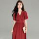 新款 法式 气质V领中长款 2026春夏季 连衣裙红色收腰时尚 裙子女1305