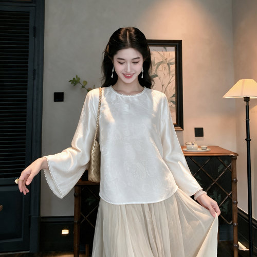 E2026秋季新中式国风提花钉珠圆领衬衫女百搭打底小衫上衣G0141