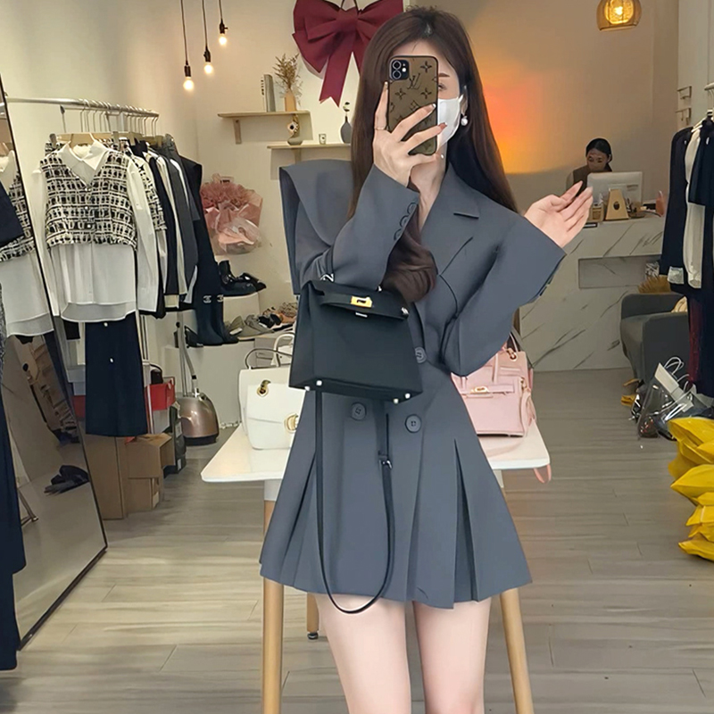 【有里布】拼接领披肩收腰女设计感显瘦小个子高级感连衣裙D0157