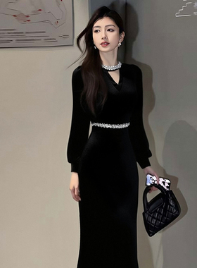 法式高级性感连衣裙女气质生日晚礼服鱼尾包臀裙D4702