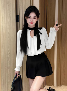 2025秋季新款女黑白衬衫气质显瘦长袖上衣裤子套装两件套D3276