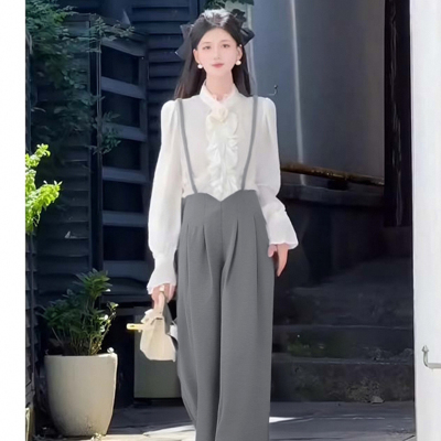 两件套2026春季新款女法式复古设计感文艺气质衬衫+长裤套装D4699