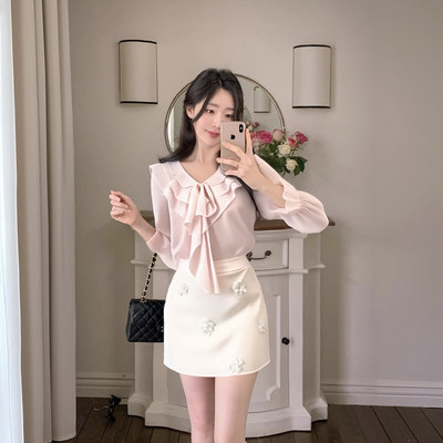 两件套2026春夏季新款法式V领宽松衬衫+高腰a字半身裙套装QJ0013