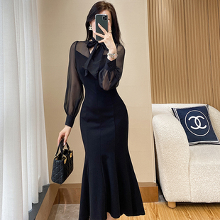 宴会礼服长款 新款 鱼尾裙1921 高级感黑色气质连衣裙2025春季 法式