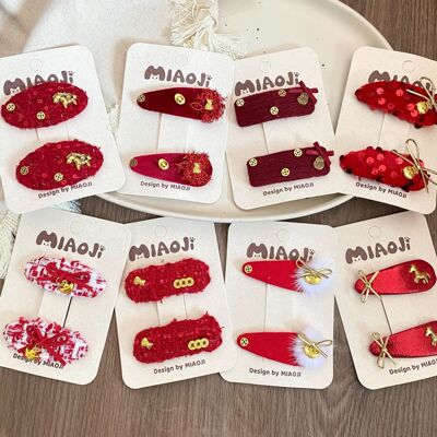 卷糖果女童新年红布艺蝴蝶结发夹