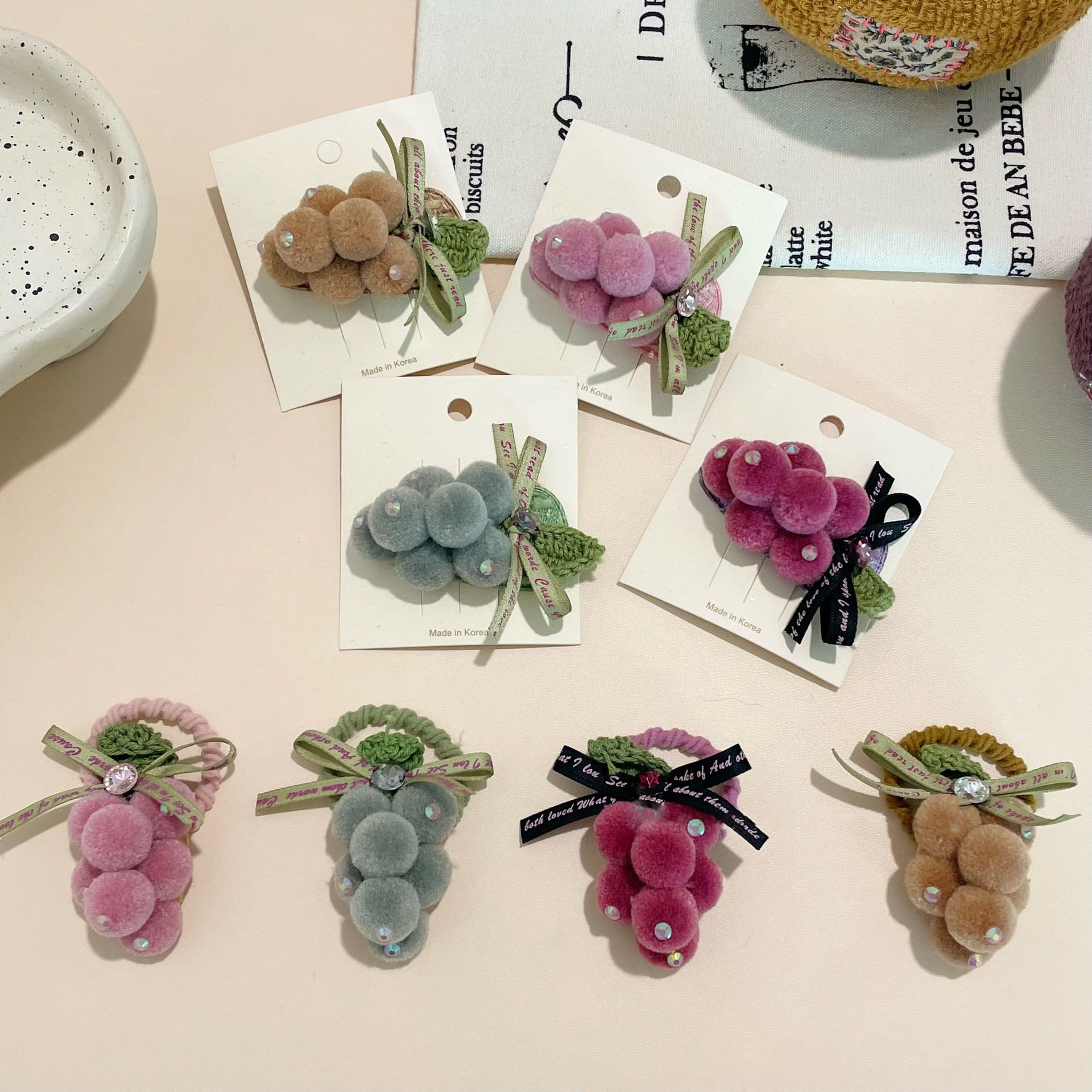 卷糖果儿童秋冬新款毛球葡萄发圈女小清新蝴蝶结发饰刘海夹碎发夹