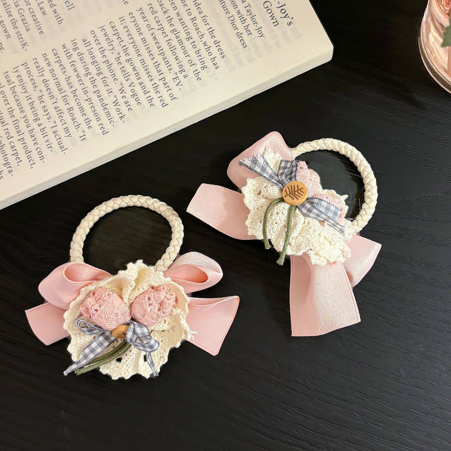 卷糖果儿童发圈甜美新款森女系花朵发圈女蕾丝蝴蝶结编织发绳头饰