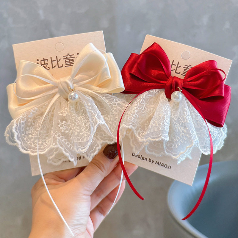 卷糖果儿童发夹蕾丝裙摆缎面蝴蝶结飘带发夹公主珍珠顶夹女童发饰