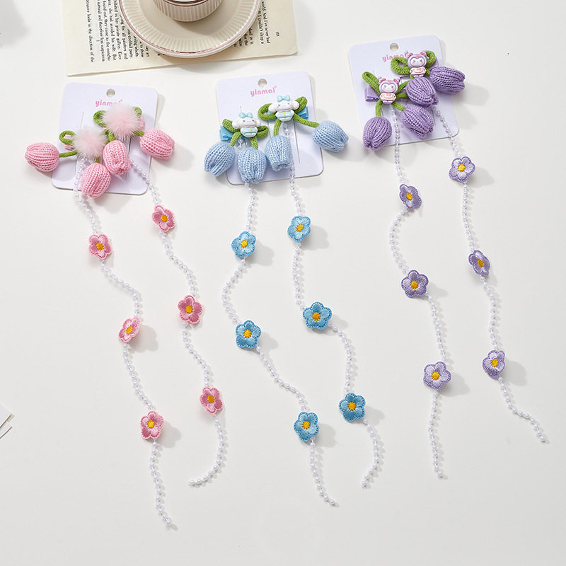 卷糖果儿童森系蝴蝶结珍珠链发夹美乐蒂女郁金香刺绣花朵毛球发饰