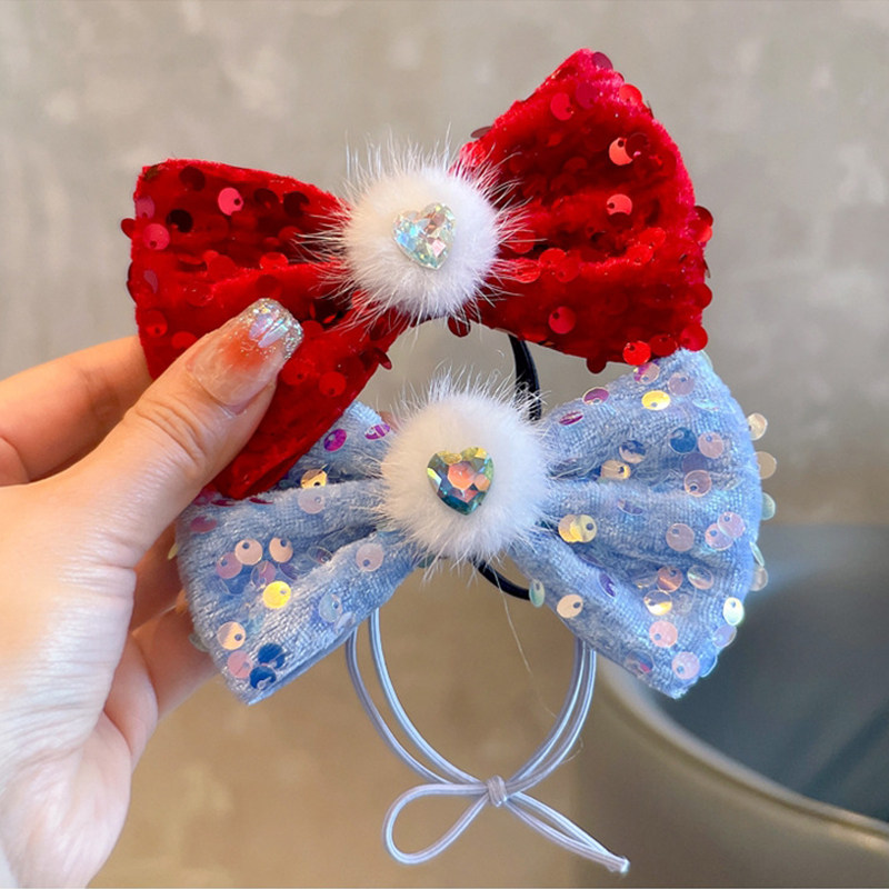 女童小公主亮片蝴蝶结发饰新年红色百搭女孩粉色蓝色扎发毛毛头饰
