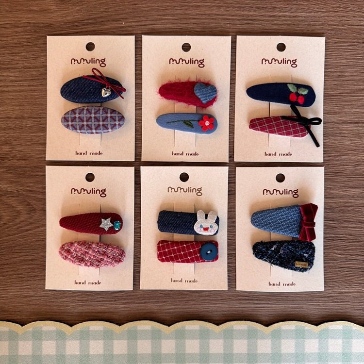 卷糖果儿童发夹甜美红蓝刺绣兔子樱桃碎花发夹发饰布艺BB夹刘海夹