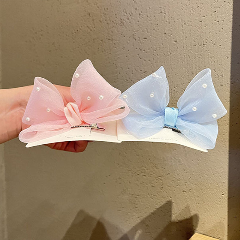 立体珍珠蝴蝶结发夹儿童甜美可爱公主头顶网纱发饰女童刘海碎发夹