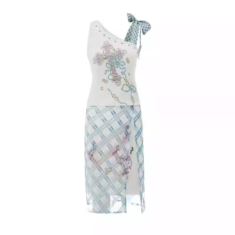 蓝色格子拼接套装棉辣妹