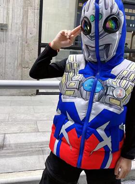 奥特曼带眼镜加厚中大童亮灯坎肩洋气外穿2025新款发光秋冬棉马甲