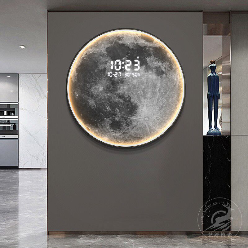 月球地球壁灯圆形数显万年历走廊过道玄关装饰画卧室床头挂画带灯