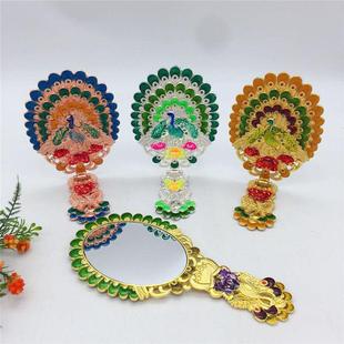 俄罗斯化妆镜台式 公主便携创意手柄折叠镜子手持复古孔雀仿铜镜子