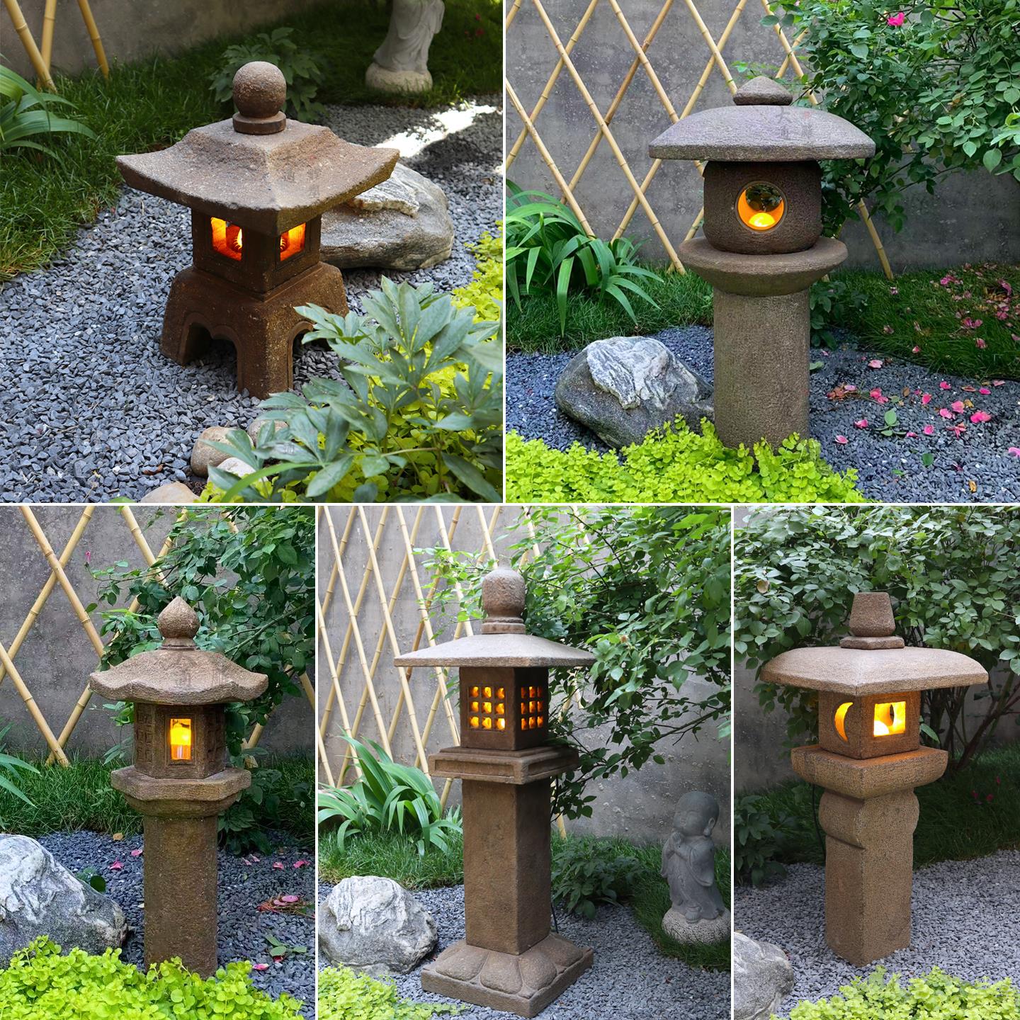 石灯笼庭院日式青石头灯仿古户外花园造景摆件通电太阳能石灯塔