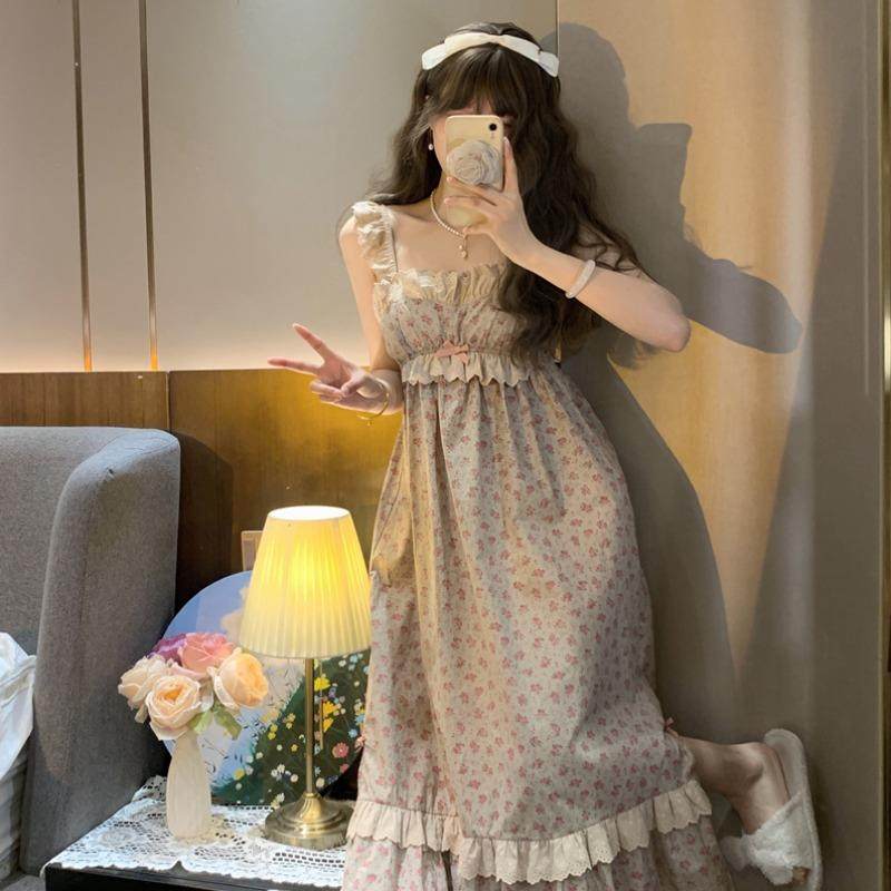 法式覆古公主风碎花吊带睡裙女宫廷风蕾丝花边长裙睡衣家居服夏季