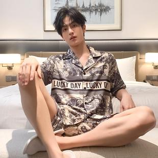 男士冰丝睡衣夏季短裤短袖套装水墨画男款大码加肥加大丝绸家居服