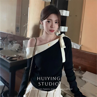 内搭打底衫 6185 新款 绝美黑色斜肩露肩针织上衣女秋季 小众 法式