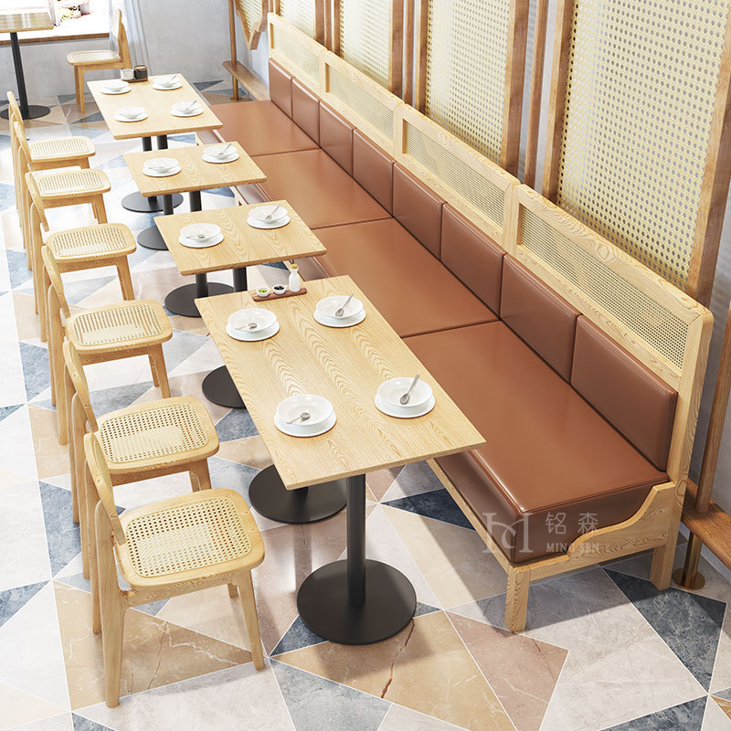 主题西餐厅实木编藤靠墙卡座沙发餐桌椅组合连锁酒店饭店餐饮家具