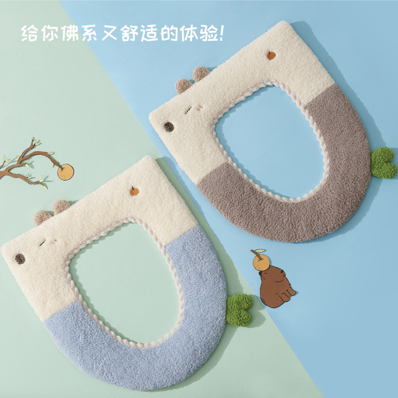 冬季马桶垫毛绒加厚保暖粘贴式马桶坐垫家用带提手可爱卡通马桶套