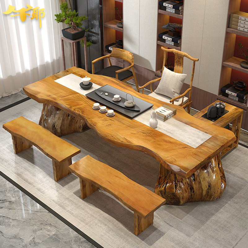 新中式松木大板泡茶桌椅组合不规则自然边实木泡茶桌原木整版茶桌