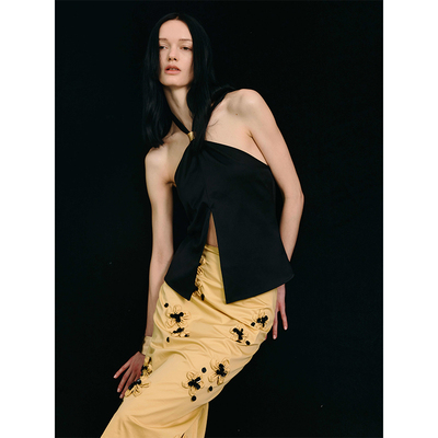 KotWai Ngai 24SS设计师品牌手缝立体花朵装饰修身显瘦黄色半身裙