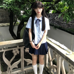 风吹麦香jk学院风蓝色娃娃领短袖衬衫女夏季日系甜美宽松学生上衣