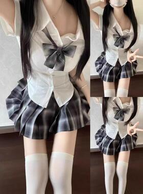 风吹麦香jkjk三件套原创正品白色短袖收腰显瘦衬衫校园纯欲格裙领