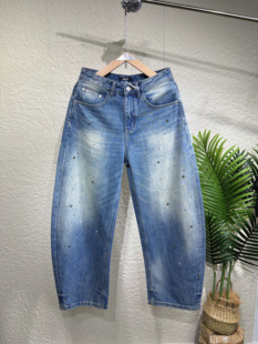 2026新款高街烫钻弯刀牛仔裤潮流水洗过渡色男款宽松直筒阔腿裤潮