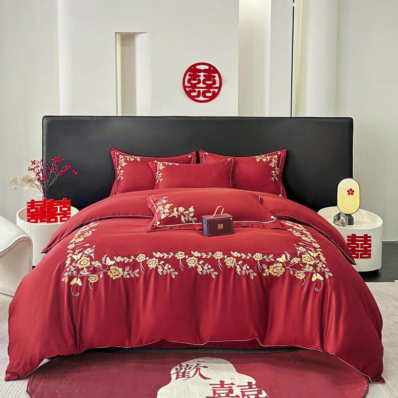 婚庆四件套大红色刺绣被套婚床新婚陪嫁喜庆床上用品床单床笠套件