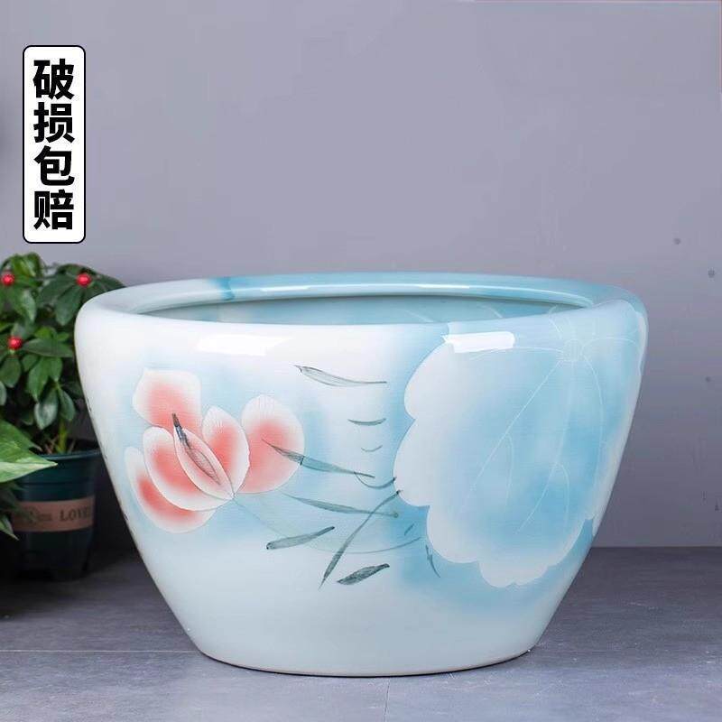 陶瓷鱼缸浅蓝水缸养鱼阳台睡莲荷花缸室外庭院陶瓷大缸鱼缸大水缸