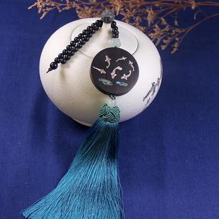 黑檀木镶银鱼国风圆挂件紫光檀镶银彩贝吊坠挂饰金玉同贺开运饰品