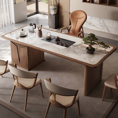 新中式实木岩板茶桌家用功夫茶台泡茶一体现代简约大板茶桌椅组合