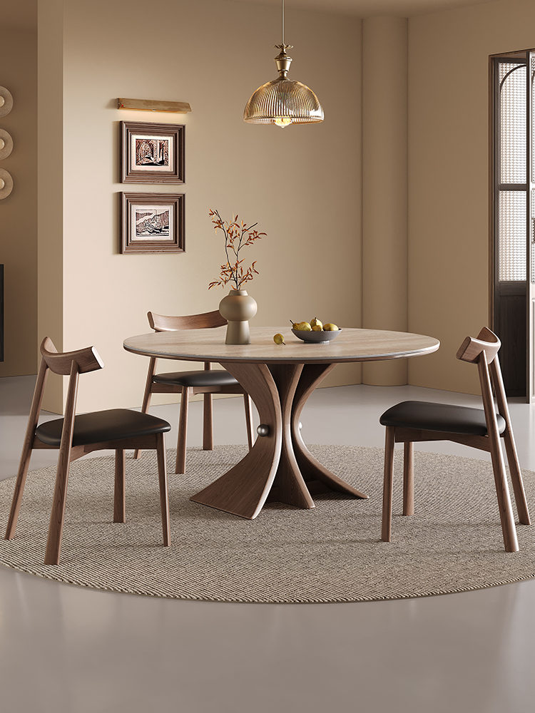 甄荣岩板圆桌小户型家用现代简约设计新款实木侘寂风洞石岩板餐桌