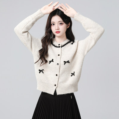 杏色蝴蝶结毛衣外套女秋