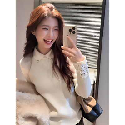 法式超好看冬款白色翻领打底衫女秋冬新款内搭针织上衣设计感小众