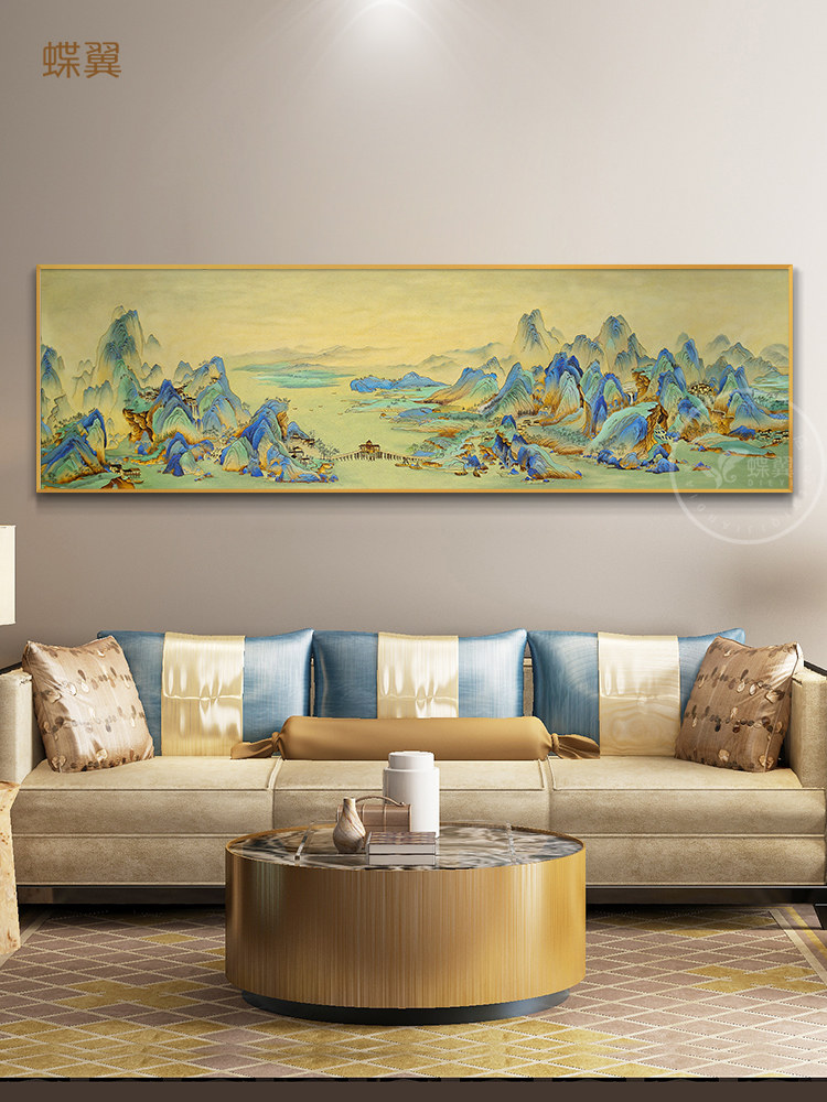 客厅沙发背景墙装饰画搪瓷中国画沙画山水画千里江山画办公室挂画