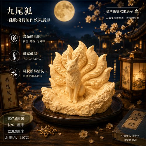 九尾狐瑞兽立体硅胶模具慕斯烘焙蛋糕巧克力冰块DIY模具微景观