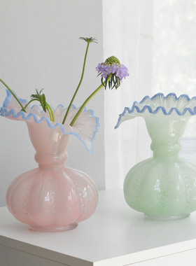 芬顿奶油风绿色玻璃花瓶法式浪漫复古芍药花器透明水养插花