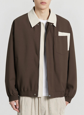 2005黑色翻领拼接夹克男2025春秋新款微宽松短款休闲茄克外套